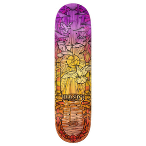 The bottom of an on-sale skateboard deck that fades from purple to yellow to orange, and then red. 