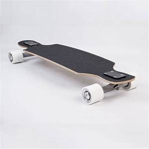 Longboard with white wheels. Grip side up. 