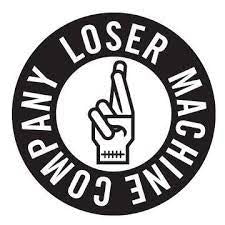 Loser Machine Logo. Black and white with crossed fingers at the center. 