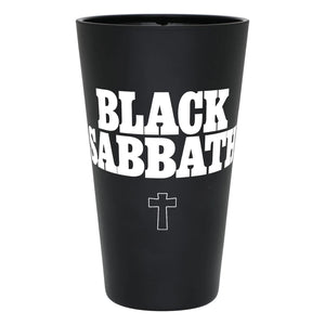 Black tumbler with 'Black Sabbath' text and cross logo on a white background