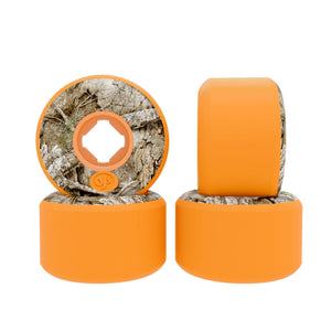 a set og OJ x Realtree orange with real tree camo pattern on the side of all skateboard wheels 
