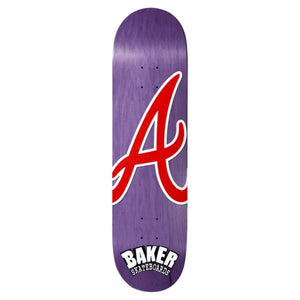Purple skateboard deck with a red 'A' logo and 'Baker Skateboards' text on a white background