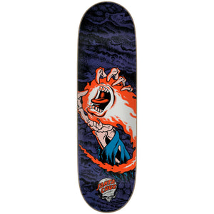 black Santa Cruz skateboard with Obran reaper hand graphic