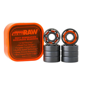 Six Ball Raw bearings with orange packaging on a white background
