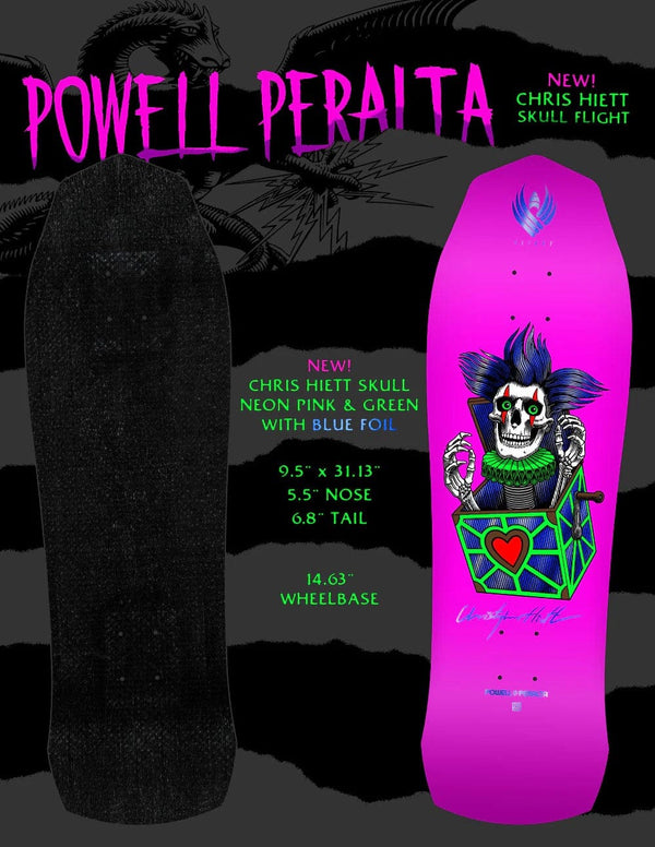 POWELL PERALTA CHRIS HIETT SKULL PINK & GREEN W/ BLUE FOIL 9.5" FLIGHT SKATEBOARD DECK 