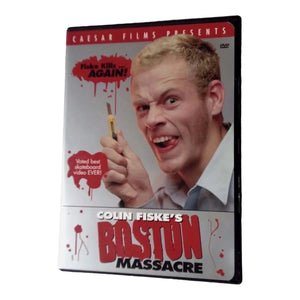A DVD case for the movie 'Colin Fiske's Boston Massacre' shown at a slight angle on a white background. The cover features a close-up of a man holding a knife with a blood-splatter background and bold red and black title text.