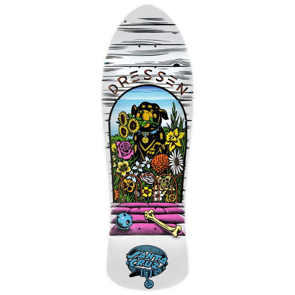 Santa Cruz Eric Dressen Pup Reissue skateboard deck with a full white dip finish, 2025 laser-etched decktop logo, 