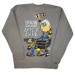 Amateur Athlete x Heroin Amateur Egg Crewneck Grey. Limited edition premium cotton fleece featuring exclusive Fos artwork from Heroin Skateboards. black logo