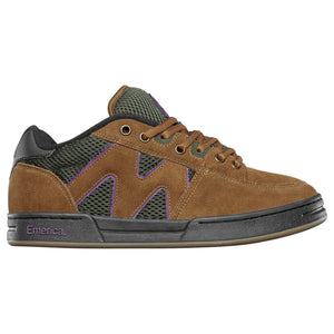 Brown Green Emerica OG-1 skate shoe side view in suede and mesh