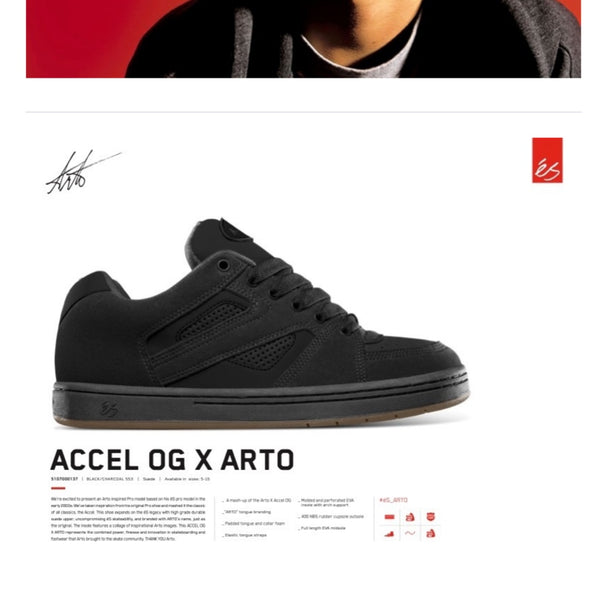 Es skatboerad footwear model Accel x Arto in black charcoal.