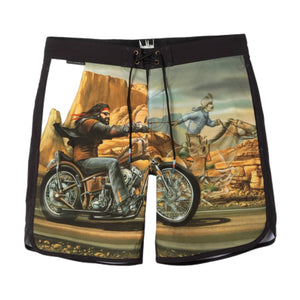 Front view of 4-way stretch board shorts with scalloped hem