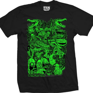 Swampy Allegory of fear black t shirts with green graphic from heroin skateboards