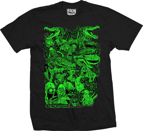 Swampy Allegory of fear black t shirts with green graphic from heroin skateboards