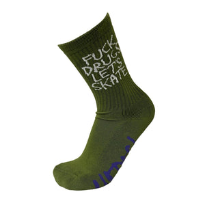 OLIVE SOCK FROM HEROIN SKATEBOARDS WITH FUCK DRUGS SCRIPT