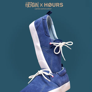 blue slip on hours is yours call shoes in collaboration with heroin skateboards
