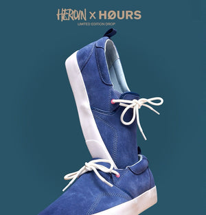 blue slip on hours is yours call shoes in collaboration with heroin skateboards