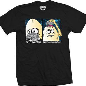 Heroin skateboards black tee shirt with brain one eggs logo