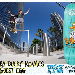 Sizing chart for the Heroin Guest egg Ducky 9.125 deck. Top and bottom graphics along with wheelbase and nose/tail measurements 