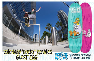 Sizing chart for the Heroin Guest egg Ducky 9.125 deck. Top and bottom graphics along with wheelbase and nose/tail measurements 