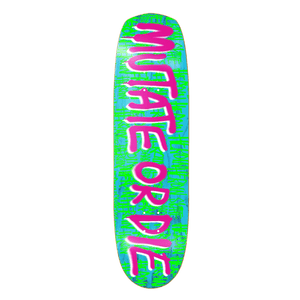 Heroin Mutate or Die 8.7-inch skateboard deck featuring custom shape and bold graphic design, ideal for versatile all-terrain skating.