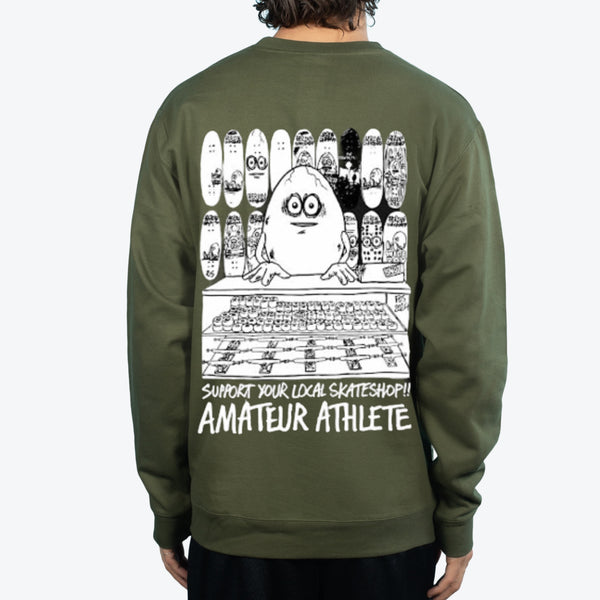 Heroin x Amateur Athlete Support Your Local Skate Shop Olive Crew neck sweater