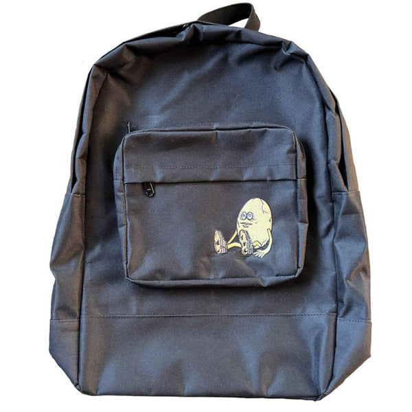 Heroin Skateboards Egg black backpack with egg charater on it