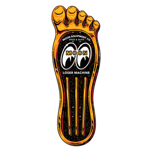 Loser machine x mooneyes footprint gas pedal skateboard deck, gold, black, limited edition