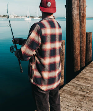 Jetty navy Sherpa aligned flannel lifestyle image