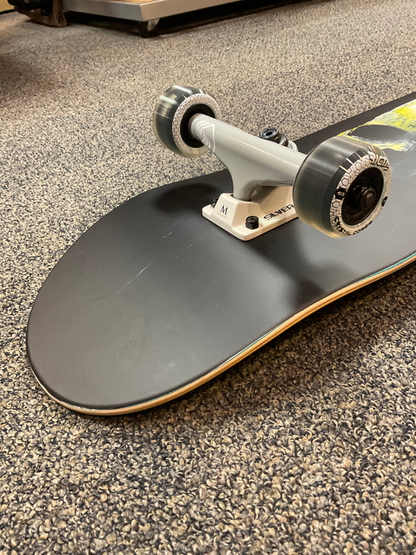 Close-up on back skateboard trucks and wheels custom complete built by amateur athlete