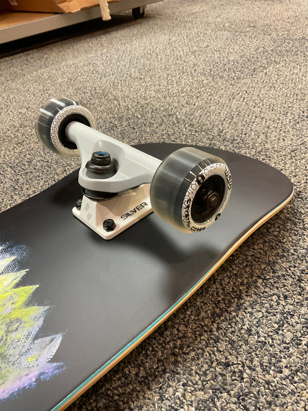 Close-up image on front skateboard truck and wheels