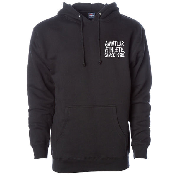 Heroin x Amateur Athlete Black hooded sweatshirt with Support your local skate shop logo front image