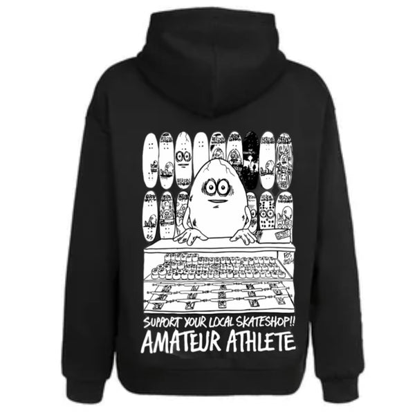 Heroin x Amateur Athlete Black hooded sweatshirt with Support your local skate shop logo