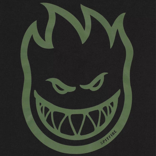 close up image spitfire bighead logo in olive on black t shirt