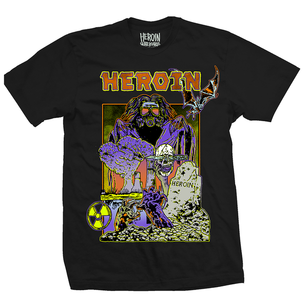 Heroinn skateboards Hellscape graphic on black T-shirt