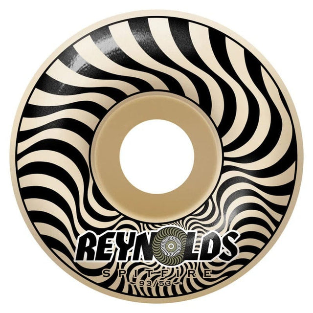 Spitfire Formula Four Reynolds 93D 53mm skateboard wheel with black and cream spiral graphic and Reynolds signature branding