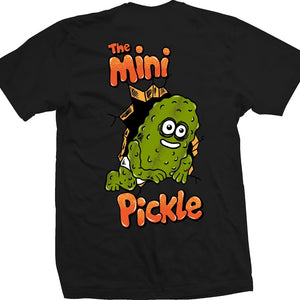 Black t-shirt with a cartoon pickle design and text on a white background