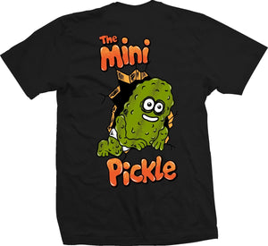 Black t-shirt with a cartoon pickle design and text on a white background