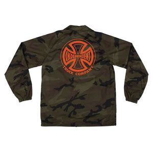 Camouflage independent jacket with orange logo on a camo windbreaker 