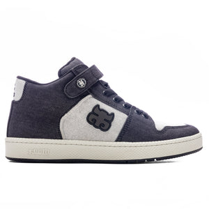 Path Grasshopper high-top skate shoes in black denim with strap, stash pocket, and cupsole construction. Side Image