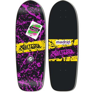 Skateboard deck with purple splatter design and Madrid and Valterra