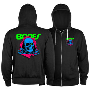 Black zip up Powell Peralta, lightweight hooded sweatshirt with black light logo front and back image