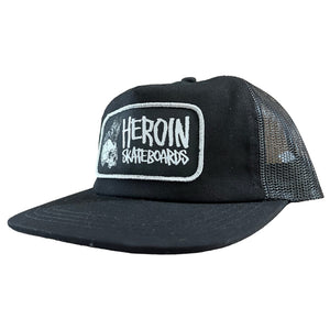 black punk skull trucker hat from heroin skateboard front page 