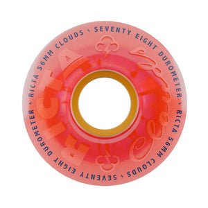 A single translucent pink-orange ricta cloud 56mm 78a skateboard wheel with embossed text reading 'Ricta 56mm Clouds • Seventy Eight Durometer'