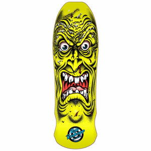 Santa Cruz Rob Roskopp Face Yellow 9.5" Skateboard Deck with neon yellow graphic and blue top stain bottom image