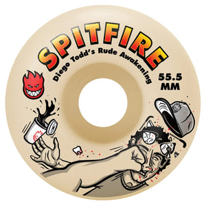 Spitfire skateboard wheel Diego Todd Rude Awakiening with cartoon design and text on a beige background