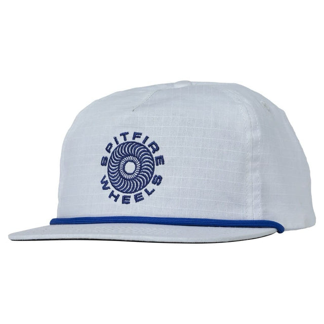 Front view of SPITFIRE Classic 87 Snapback Hat in white with blue brim and embroidered logo