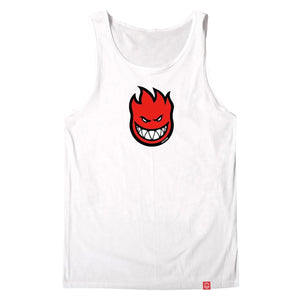 White spitfire tank top with the flame head graphic in red on from chest screen print 