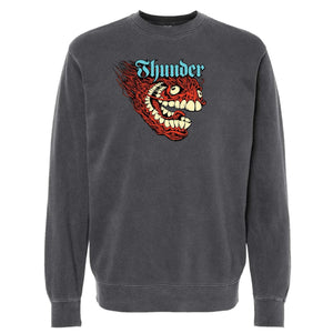 Gray pigment dyed crew sweater with a colorful graphic Gerwer Grimple Stix Logo