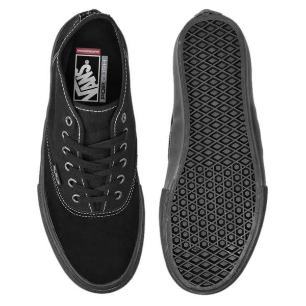 Top and Bottom View Of Vans Skate Authentic Mid shoes black out color way 