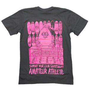 black hoodie with amateur athlete x heroin skateboards egg tender tee